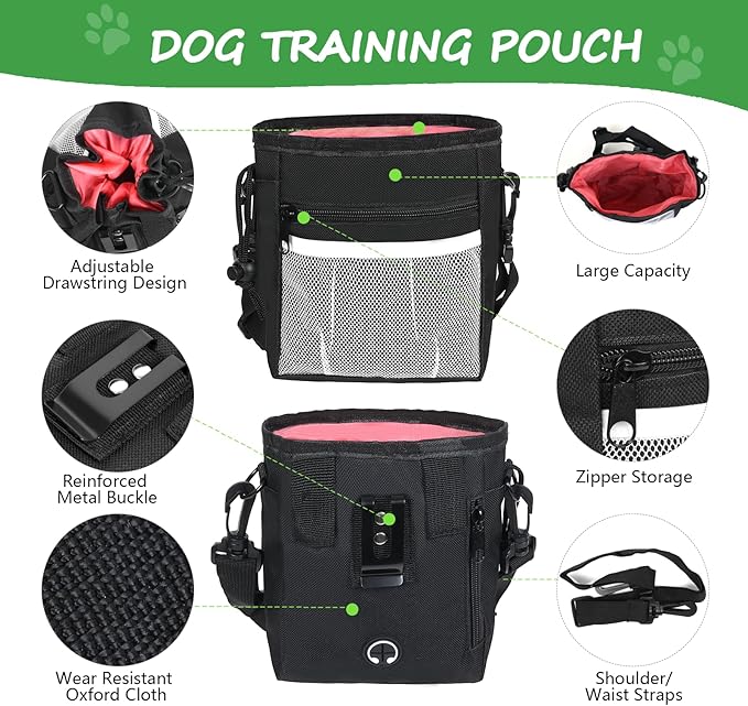 Dog Treat Pouch Pet Training Kit - Silicone Treat Bag Magnetic Closure, Puppy Training Clicker, Dog Whistle, Collapsible Dog Bowls, Poop Bags & Holder, 4 Ways to Wear Walking Fanny Pack-Black