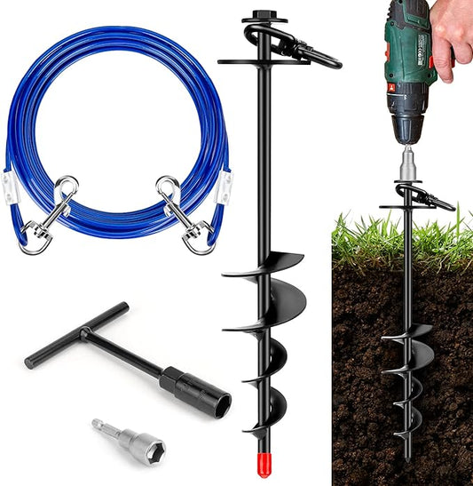 Dog Tie Out Stake, Heavy Duty 360°Swivel Dog Outside Lead Cable, Screw in Spike Auger Ground Stake Anchors with Power Nut Drill Bit, T Wrench and Leash, for Yard Camping Beach
