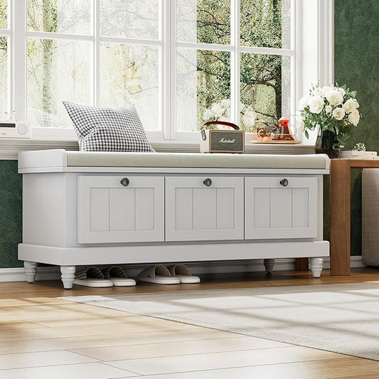 Classic Shoe Storage Bench with Cushion and Three Drawers, Fluted Entryway Bench with Storage for Entryway, Living Room, Hallways 44.0" L x 15.9" W x 18.9" H Gray Wash