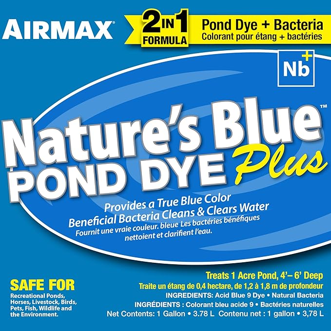 Airmax Pond Dye Plus, Nature's Blue Colorant & Natural Beneficial Bacteria, Large Pond & Lake Water Clarifier & Color Treatment, Shade Plants & Algae from Sunlight, Fish & Livestock Safe, 1 Gallon