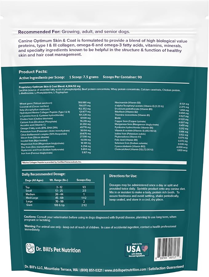 Dr. Bill's Canine Optimum Skin & Coat – Reduces Shedding, Itching, Dry Skin – Allergy Relief for Healthy Fur - Omega 3, Collagen, Biotin & Hyaluronic Acid – 680g Vet-Recommended Dog Supplement