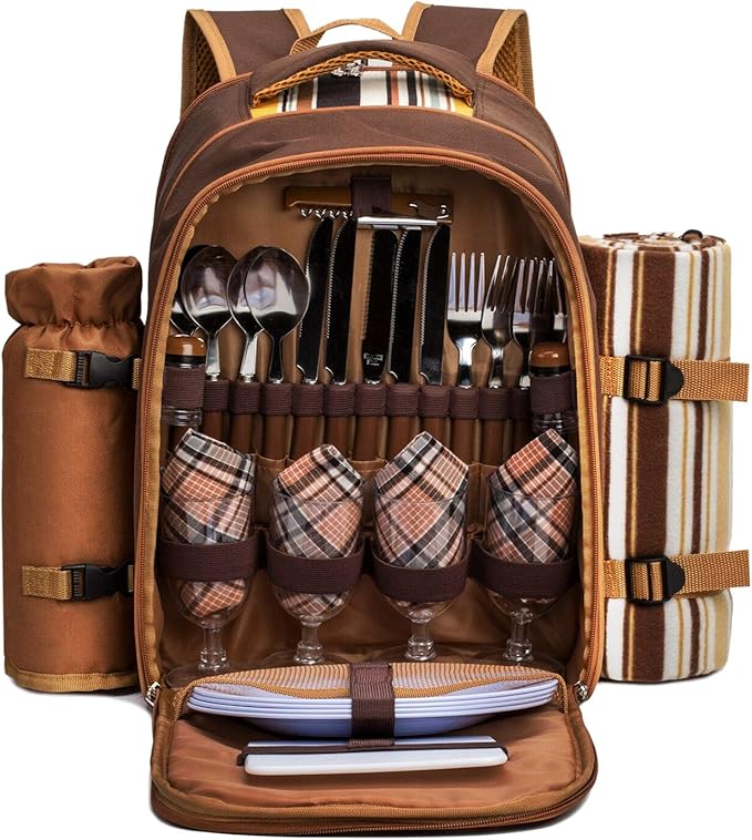 Apollo Walker Picnic Backpack Bag for 4 Person with Cooler Compartment,Wine Bag, Picnic Blanket(45"x53"),Best for Family and Lovers Gifts (Brown)