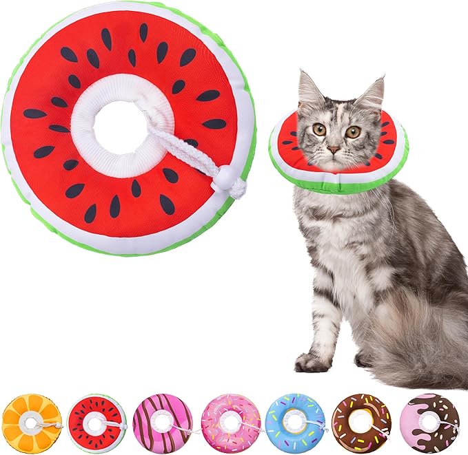 Cat Cone Collar Soft, Adjustable Cat Recovery Collars Kitten Cones to Stop Licking, Cute Donut E Collar After Surgery, Wound Healing Elizabethan Collar for Kittens (Watermelon, Medium)