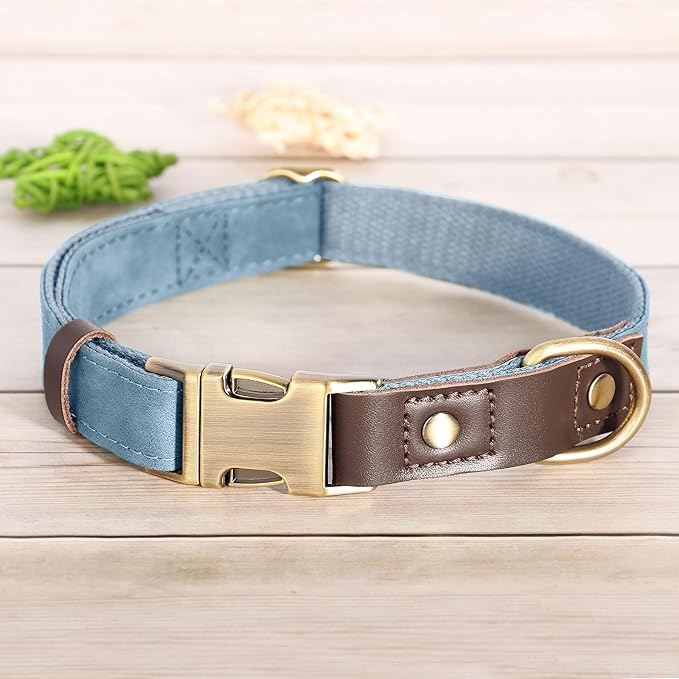 Didog Soft PU Leather Dog Collars for Medium Dogs,Classic Adjustable Dog Collars with Quick Release Metal Buckle,Easy Clean and Comfortable with Nylon Lining,Denim Blue,M Neck 13-19"