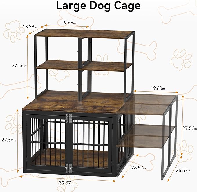 Dociote Heavy Duty Dog Crate Furniture with Storage Shelves，Large Dog Kennel Indoor End Table 39 Inch,Brown