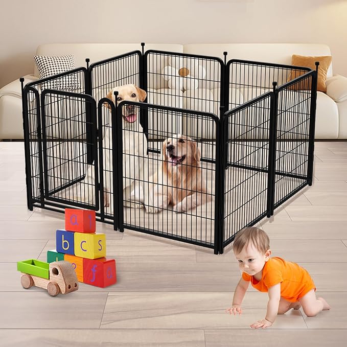 Dog Playpen 48inch 12 Panels, Puppy Playpen Indoors, Dog Fence Outdoor for Yard, Wide Door Low Threshold Garden Fence for Medium/Large Pets. Black Dog Pens Total 26.6 Ft(L)