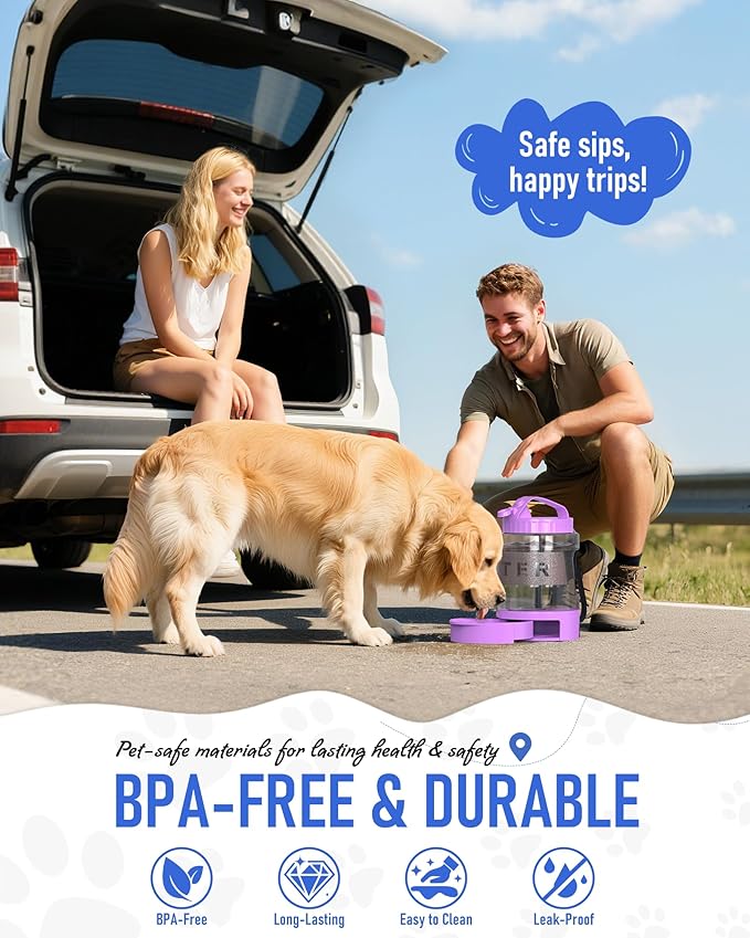 77oz Dog Travel Water Bottle, Large Portable Dog Water Bowl Dispenser, Leakproof Pet Drinking Bottle Dispenser for Hiking Camping Walking Travelling Beach Car Trips, No Spill, BPA Free,Purple