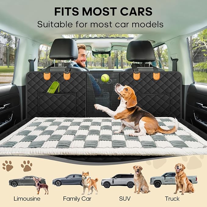 Backseat Pet Bed Mat, Non-Slip Plaid Dog Bed for Car Back Seat, Flannel Backseat Dog Bed, Fit for Backseat Extenders and Trucks SUVs (Bluegrey&White, 24.8x54 inch)