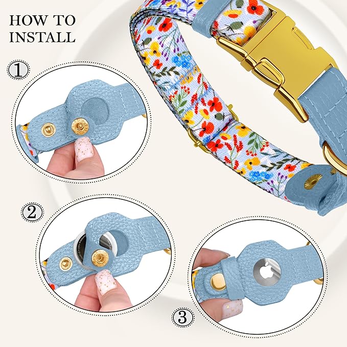 AirTag Dog Collar for Small Medium Large Breed - Adjustable Cute Pattern Dog Collar with Airtag Holder and Metal Buckle - Soft Leather Tracker GPS Apple Air Tag Pet Collars for Puppy Girl Boy Female