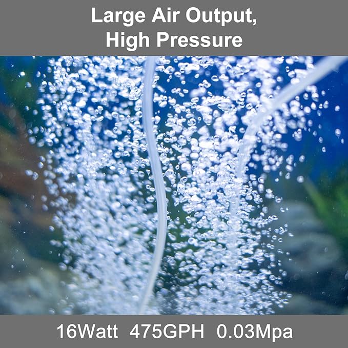 AquaMiracle 6/8/16W Quiet Fish Tank Air Pump 200/317/475GPH High Pressure Aquarium Air Pump Commercial Air Pump Pond Aerator Bubbler Hydroponics Air Pump