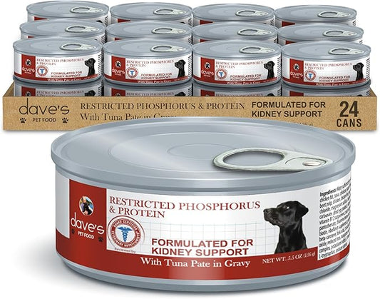 Dave's Pet Food Kidney Support Dog Food (Tuna Pate), Non-Prescription, Low Phosphorus, Low Sodium, Wet Canned, Renal Kidney Care, Vet Formulated, 5.5 oz (24 Pack)