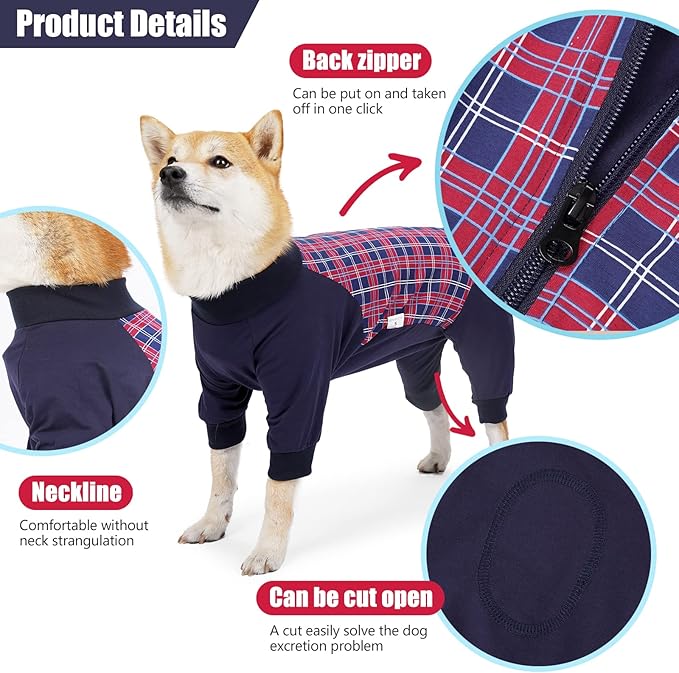 Dog Recovery Suit, Abdominal Wound After Surgery Wear, Anti Licking Bodysuit with Zipper, E-Collar & Cone Alternatives, Plaid Dog Spay Surgical Onesie Prevent Shedding(Large, Red)