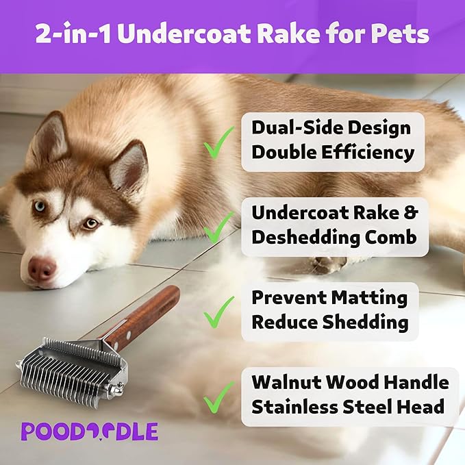 2 in 1 Dogs Cats Dematting Grooming Comb, Perfect Deshedding Undercoat Rake for Poodle & Goldendoodle, Efficiently Detangling Shedding Loose Hair & Matted Fur, All Long Haired Pet (Dark)