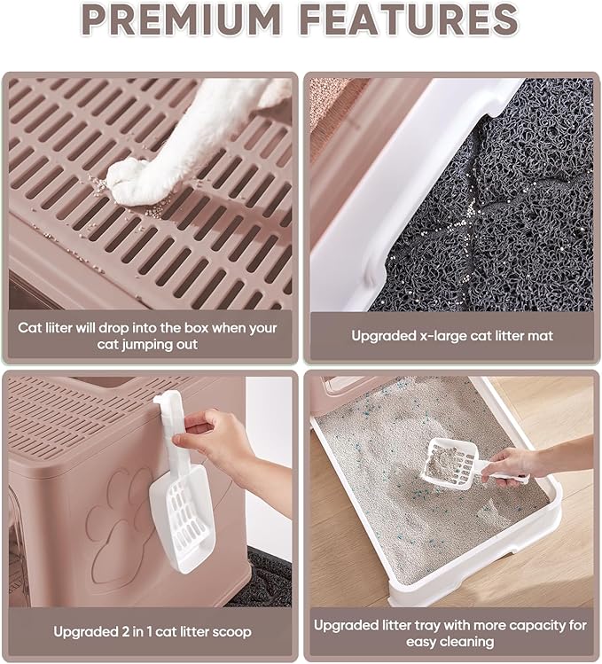 Cat Litter Box with X-Large Litter Mat and Scoop, Large Foldable Litter Box with Lid, Enclosed Kitty Box,Front Top Entry Exit, Odor Control Easy to Clean (Upgrade Coffee)