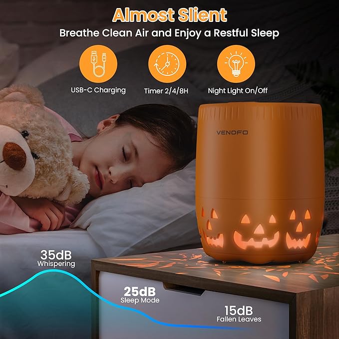 Air Purifiers for Home Bedroom up to 1076ft², True HEPA Air Filters Dust Pets Smoke Hair, 3 Fan Speeds Quiet, Timer Settings, Rechargeable Air Cleaner Office, Bedroom, Pets, Car(Orange)