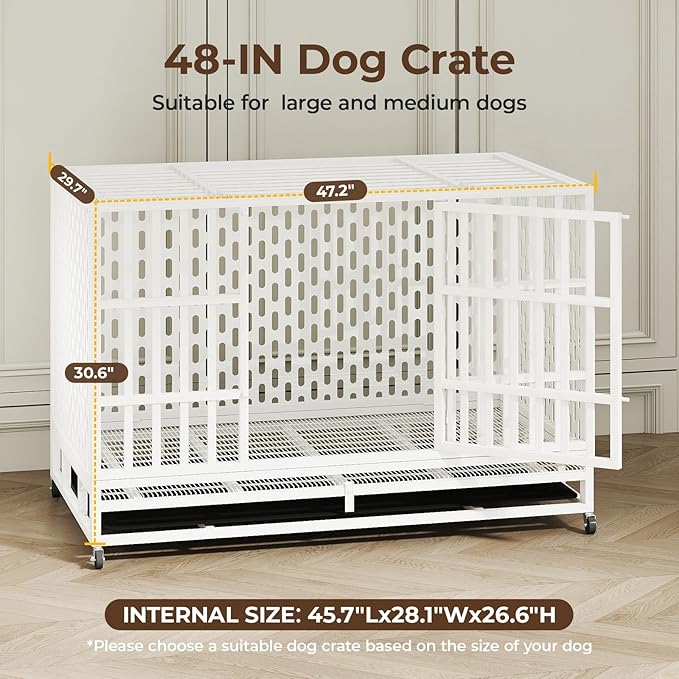 48 Inch Heavy Duty Indestructible Dog Crate Steel Escape Proof, Indoor Double Door High Anxiety Cage, Kennel with Wheels, Removable Tray,White,Extra Large XL XXL