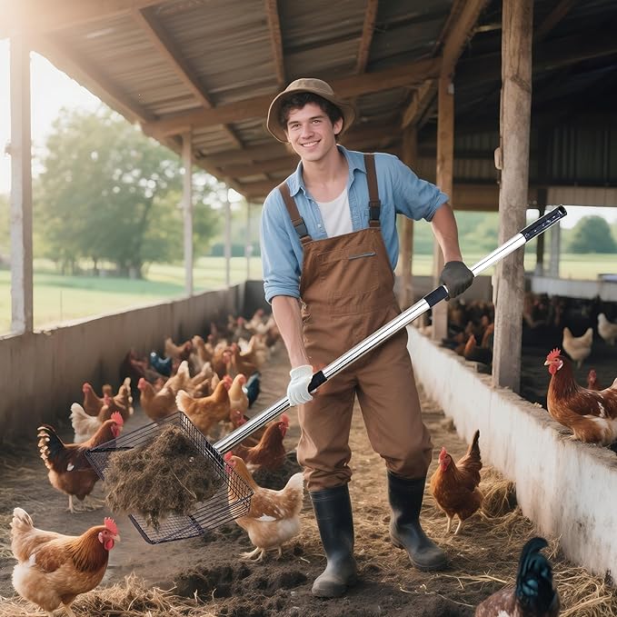 Chicken Poop Scooper - 54-Inch Long Handle Chicken Coop Cleaner, 10-Inch Wide Metal Waste Scooper for Poultry, Rabbit Hutch & Pet Cages