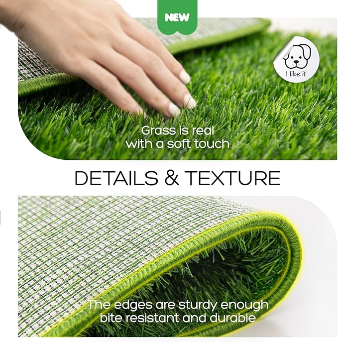 Dog Grass Pad with Tray, 34×23in Large Litter Box, 2×Grass Pad for Dogs Potty Washable, Thick Soft Odor-Free Hemmed Dog Pee Grass, Indoor Potty Training Balcony