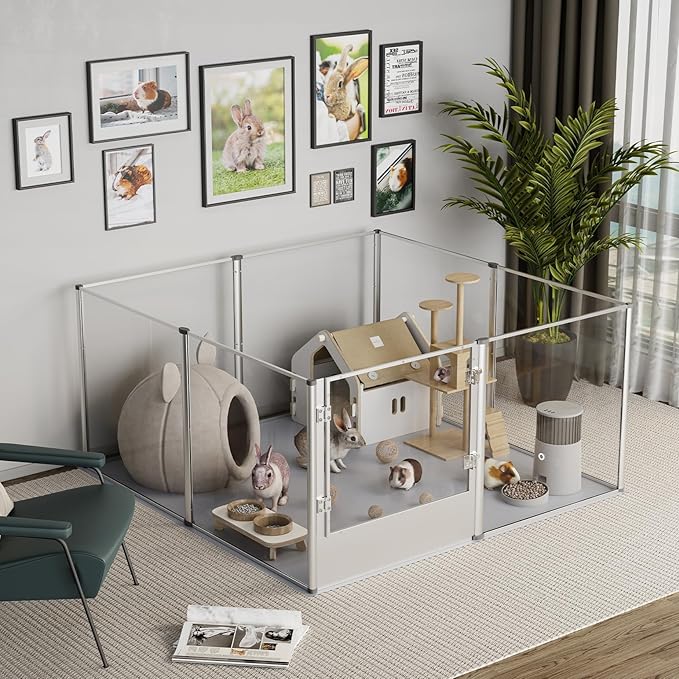 Dog Clear Playpen Fence Kennel: Pet Indoor Heavy Duty Whelping Box Pen Cage with Waterproof whelping pad - Small Animal Acrylic Exercise Kennel Pen with Metal Frame for Cats Puppy Rabbits Guinea Pig