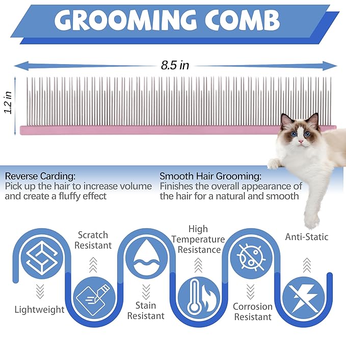 8.5 Inch Upgrade Pink Professional Pet Comb,Dual-Tooth Grooming Comb Anti-Static Smooth Rounded Corners Prevent Friction Breakage and Irritation,Long-Haired Cats and Dog Essential,Christmas Pet Gift
