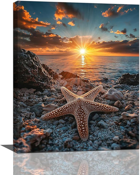 Beach Starfish Wall Decor Ocean Starfish Wall Art Sunset Scenery Coastal Theme Pictures Canvas Nature Seascape Painting Print Framed Artwork Decorations for Home Bathroom Living Room Bedroom Office 16"x20"