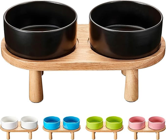 Ceramic Elevated Dog Bowls, Pet Food and Water Bowl Set for Medium and Small Dogs, 3.5 Cups Dog Bowls Raised with Wood Stand, 29OZ, Black