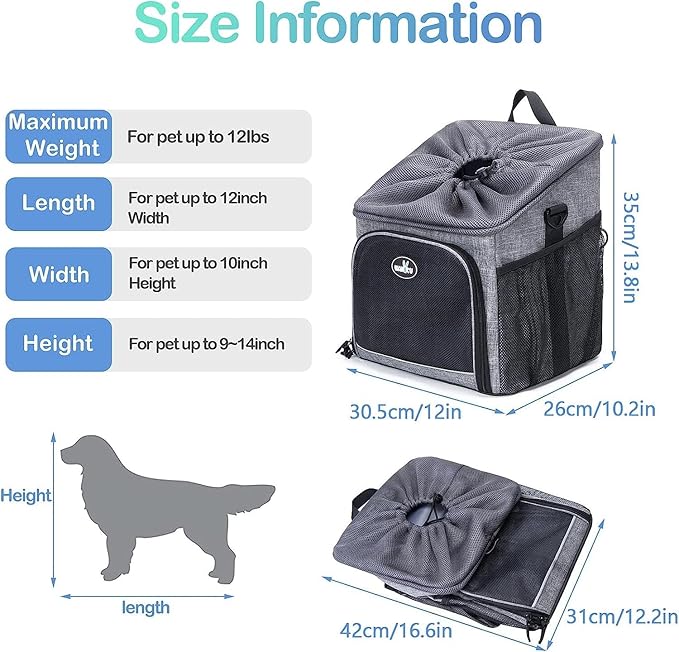 Dog Bike Basket Carrier, Pet Bicycle Front Carrier Backpack for Bike Riding Foldable Removable, Reflective Strips, 2 Side Storage Pockets, Pet Travel Bag for Cats Small Dogs