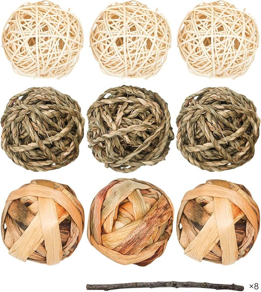 9 Pcs Small Animals Play Balls Rolling Activity Chew Toys Gnawing Treats for Rabbits Guinea Pigs Chinchilla Bunny Natural Balls, Pet Cage Entertainment Accessories (9 Pcs)