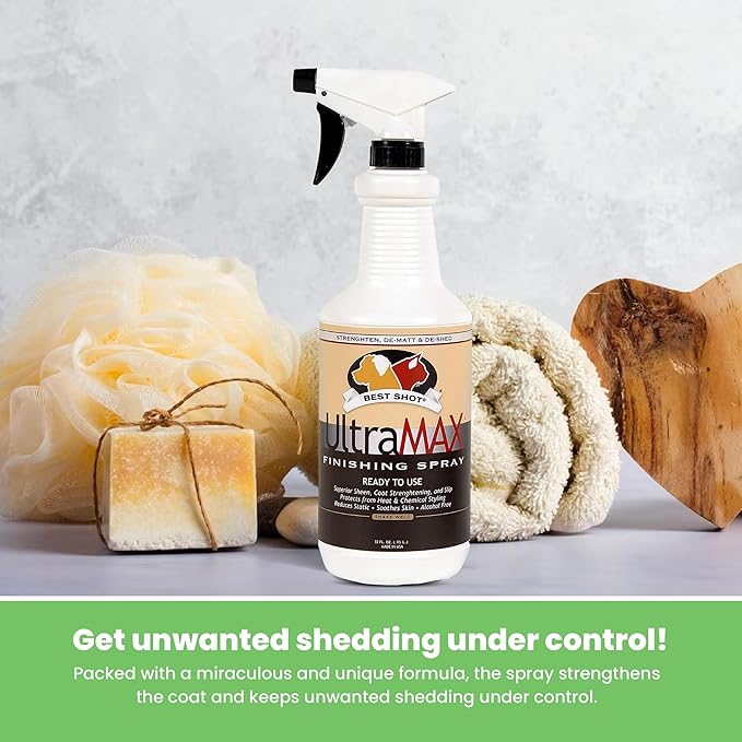 Best Shot UltraMAX Pro Finishing Spray, Ideal Detangler Spray for Pets, Hydrating and Soothing Pet Grooming Spray, for Dogs and Cats, 34 Oz.