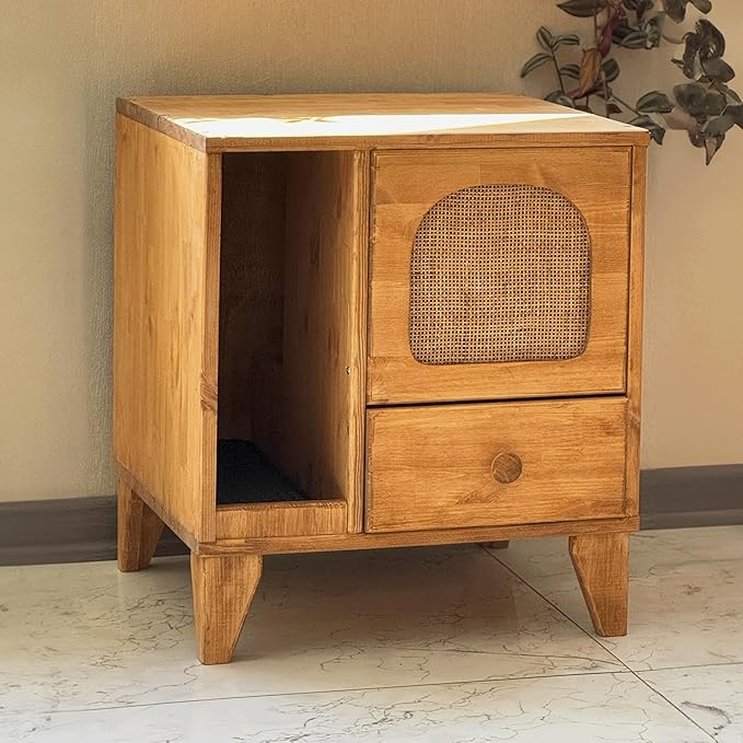 Cat Litter Box | Hidden Litter Box Furniture with Removable Divider | Wooden Cat Washroom Furniture | Indoor Cats House (Wood)