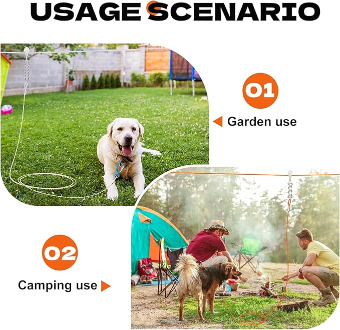 50ft Dog Runner for Yard Large Dog Heavy Duty with Double Shock Absorbers Tangle-Free Aerial Trolley System for Large Dogs Up to 250lbs (Silver)