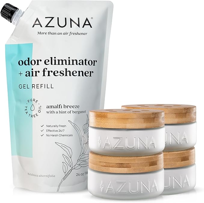 Azuna Air Freshener & Odor Eliminator Gel 4 Room Kit, Includes (4) 8 oz. Empty Luxe Glass Jars & 24 oz. Refill with Tea Tree Essential Oil, Amalfi Breeze, Works 24/7 for 60-90 Days