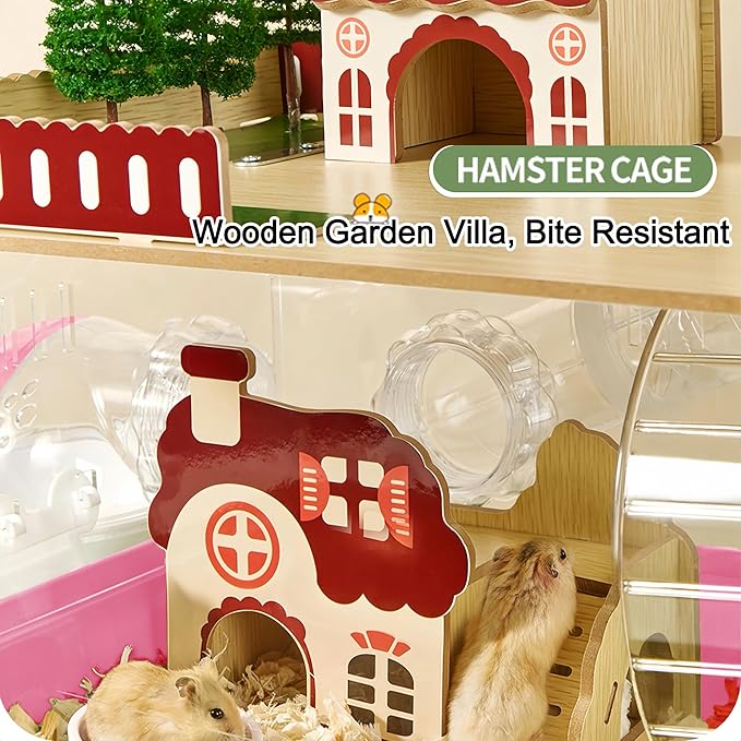 12 in 1 Clear Acrylic Hamster Cage with All Accessories,13.5''L*10''W*15''H Dwarf Hamster Cage,Magnetic Connection Small Hamster Enclosure,Wooden Mouse Cage for Pet Mice(2-Layer,Pink) Install Required