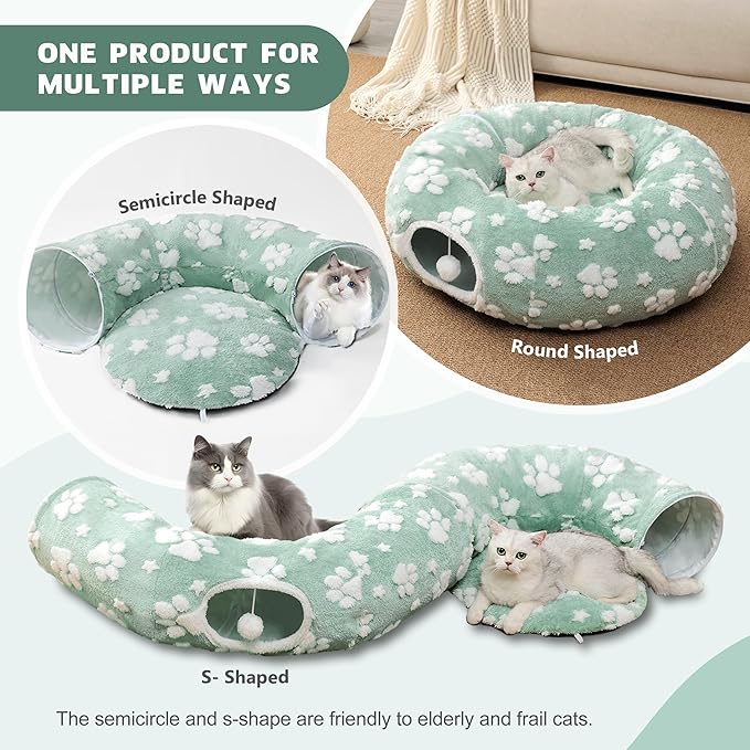 Cat Tunnel for Indoor Cats, Cute Peekaboo Cave with Dangling Balls, Pet Donut Tunnel Bed with Circle Mat for Puppy Kitten Rabbit, Green