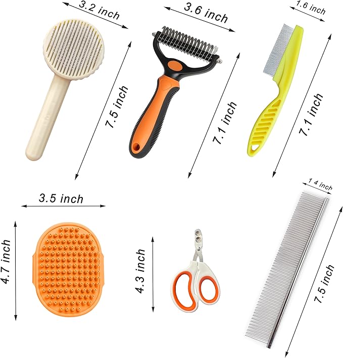 Cat Grooming Brush Kit 6 Tools - Deshedding & Dematting for Long/Short Hair, Self-Cleaning Slicker Brush with 6-in-1 Flea Comb for Cats & Kittens (Orange)