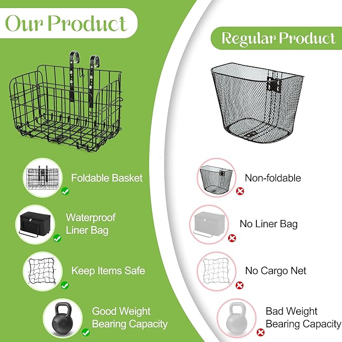 Aodaer Bike Basket with Removable Liner Bag Cargo Net Large Folding Bike Basket Quick Release Metal Ebike Basket Bicycle Storage Basket for Carrying Fruit & Grocery Pets Dogs