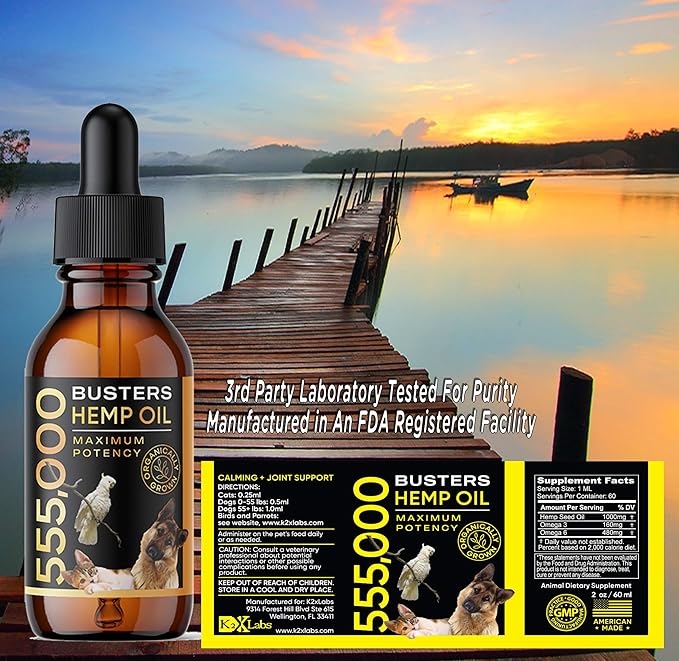 Buster's Organic Hemp Oil 530,000 4Pack-4month Supply for Dogs & Cats - Max Potency - Made in USA - Omega Rich 3, 6 & 9 - Hip & Joint Health, Natural Relief, Calming Drops