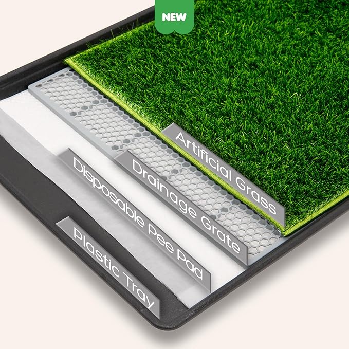 Dog Grass Pad with Tray, 31×21in Medium Litter Box, 2×Grass Pad for Dogs Potty Washable, Thick Soft Odor-Free Hemmed Dog Pee Grass, Indoor Potty Training Balcony