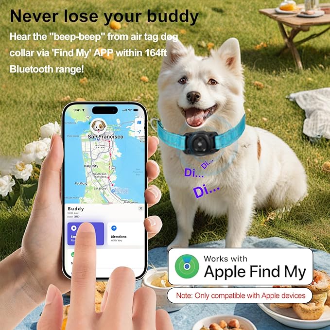 Air -Tag Dog Collar Waterproof Dog Air Tracker Chip for Apple Find My (iOS only) Reflective Strip Real Time Anti-Loss Tags Ultra-Durable GPS Pet Tracking Collar, Sky Blue M (12.4''-17.3'')