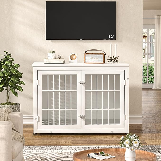 38" Heavy Duty Dog Crate Furniture for Large and Medium Dogs,Wooden Metal Kennel for High Anxiety Dogs, Chew Proof Pet Cage Indoor, Decorative Dog Kennel End Table, White