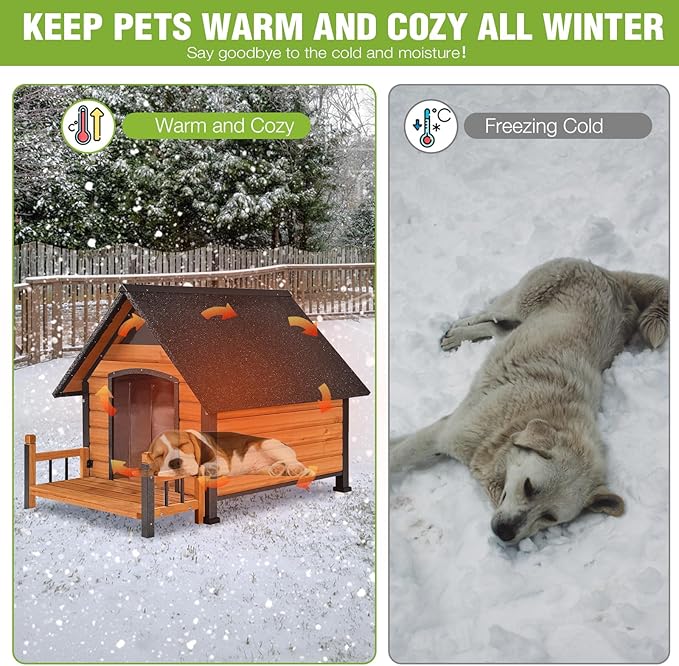 Dog House Outdoor Insulated, Sturdy & Warm Winter Puppy Shelter, 45" L Large Dog Kennel with Chew-Proof Iron Frame, Suitable for Small to Large Dogs(Brown)