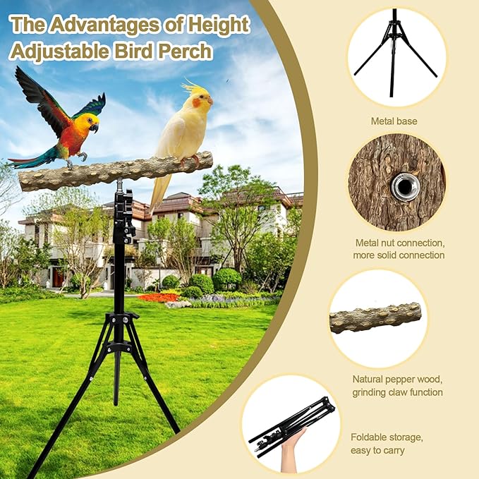 16-63 Inch Height Adjustable Bird Perch Pepper Wood Bird Training Perch Stand Parakeet Perches Indoor and Outdoor Parrot Stands for Small to Medium Bird