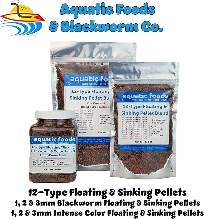 Aquatic Foods Inc. 12-Type Ultra Mix of 1mm, 2mm, 3mm Floating & Sinking California Blackworm and Intense Coloring Pellets for All Tropical Fish & Pond Fish...1/4-lb Bag
