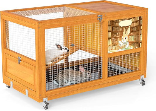 COZIWOW Wooden 36Inches Rabbit Hutch Indoor with Wheels Bunny Cage Outdoor Rabbit Cage with Clean Tray, Openable Roof, Anti-Slip Ramp for Small Bunny (Orange with Pattern)