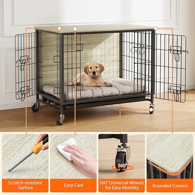 Dog Crate Furniture, 38.6" Wooden Dog Crate with Double Doors, Dog Furniture, Large Dog Kennel Indoor End Table for Large Dogs, Grey