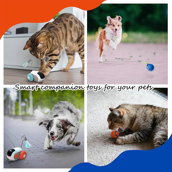 1pc Interactive Automatic Remote Control Cat Mice Car Toy and 1pc Smart Electric Moving Speedy Cat Ball Toy with Feather Tail, Suitable for Dogs, Keep Busy, Stimulating, Rechargeable (Blue)