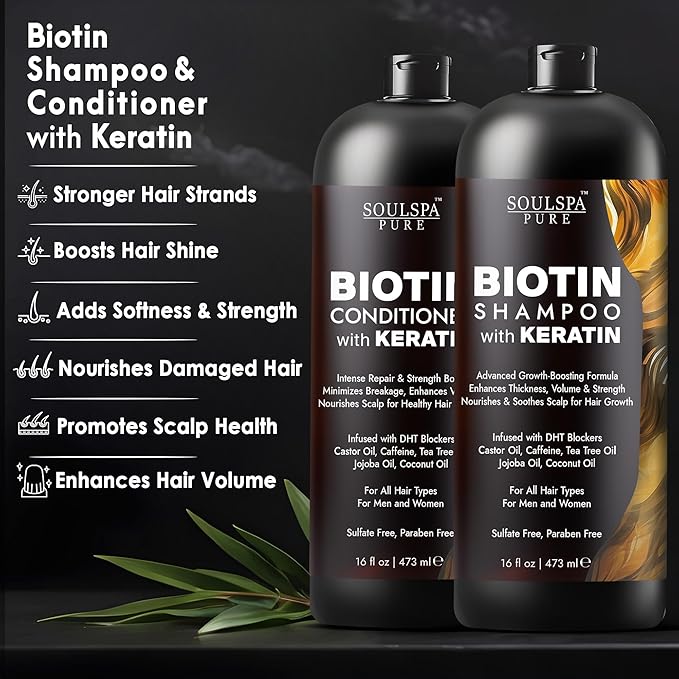 Biotin Shampoo and Conditioner Set with Keratin - Sulfate-Free Advanced Anti-Thinning, Hair Growth Shampoo and Conditioner Combo Repair Formula - with DHT Blockers, for Men & Women - 16 fl oz each