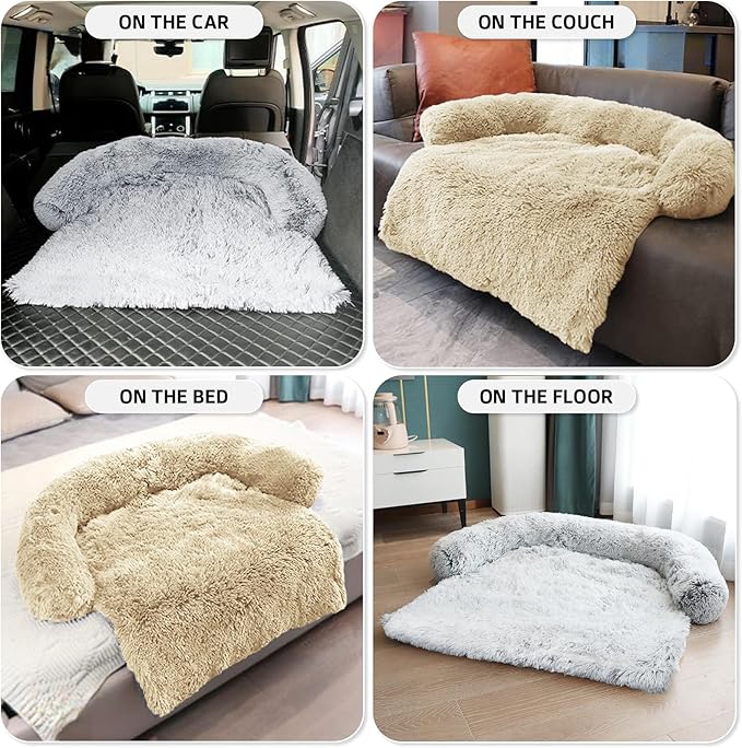Calming Dog Bed Fluffy Plush Dog Mat for Furniture Protector with Removable Washable Cover for Large Medium Small Dogs and Cats (Large, Beige)