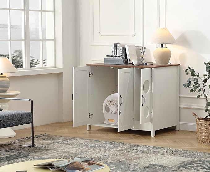 Cat Litter Robot Enclosure, Automatic Litter Box Enclosure for Litter Robot 3/4,Cat-Exclusive entrace for Dog Proof and Fun,Power Outlet for cat Litter Cabinet,Litter Collector,Antique White