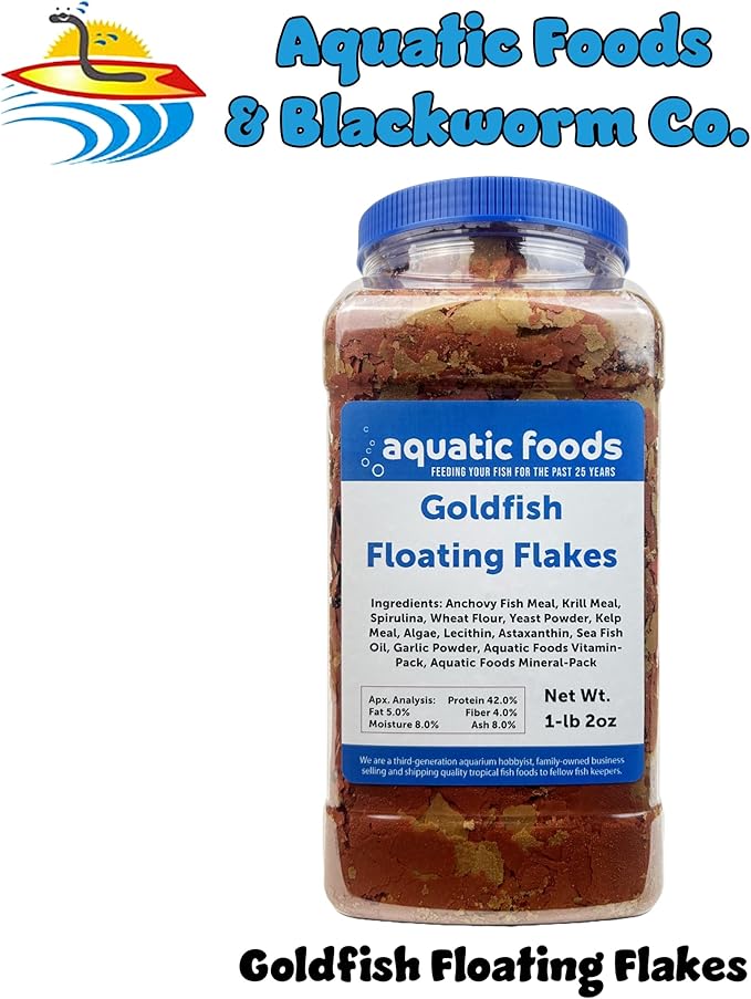 Aquatic Foods Inc. Premium Goldfish Flakes, 42% Protein Color Enhancing and Spirulina Flakes for Aquarium, Koi and All Pond Fish Also Pellet Mix, Wafer Mix Included…1-lb 2oz